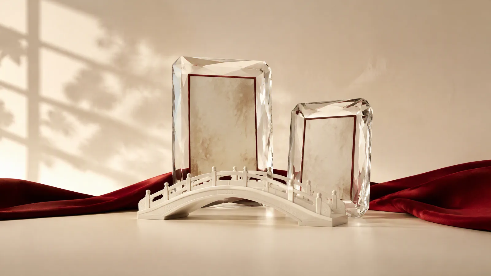 Two empty glass frames and an ivory bridge