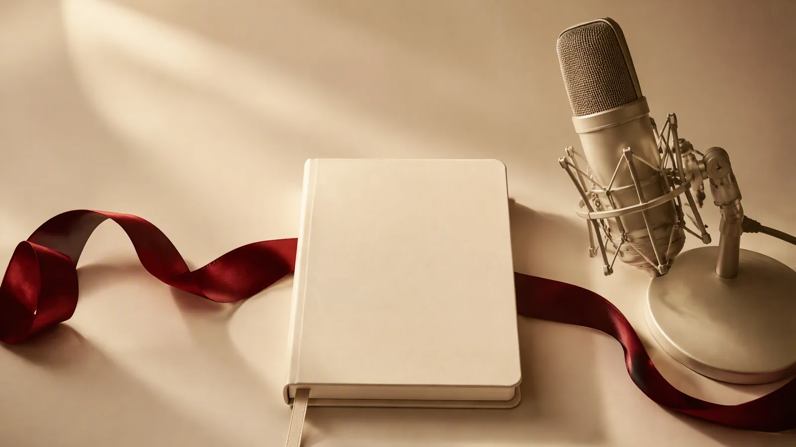 An ivory notebook, studio microphone and crimson ribbon