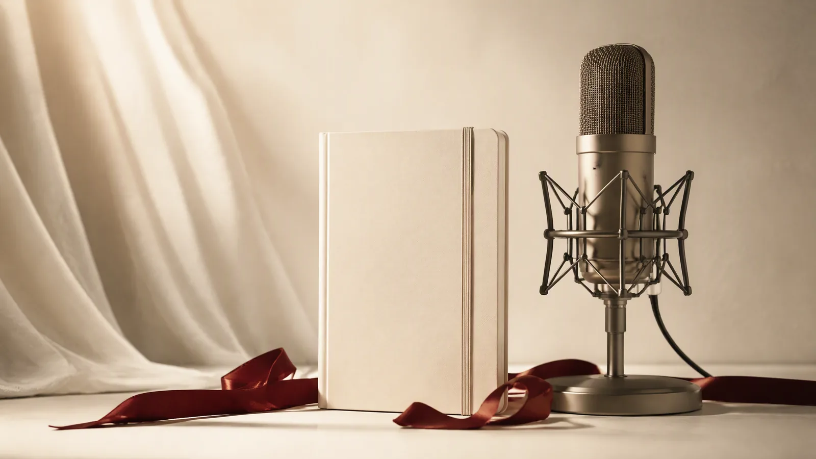 An ivory notebook, studio microphone and crimson ribbon