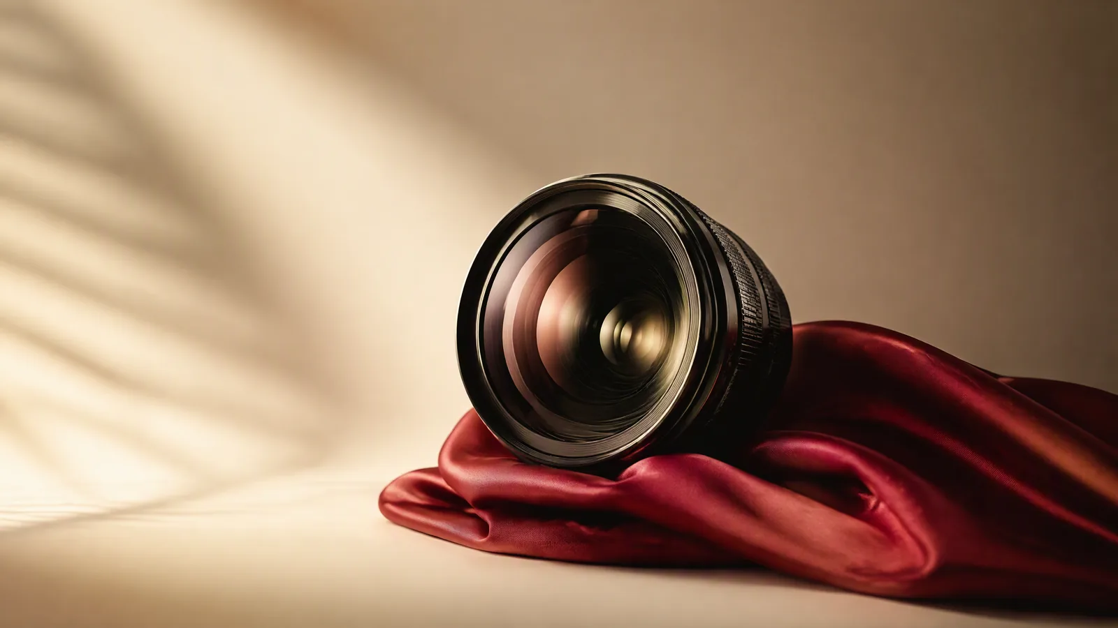 A glass camera lens beside folded crimson silk