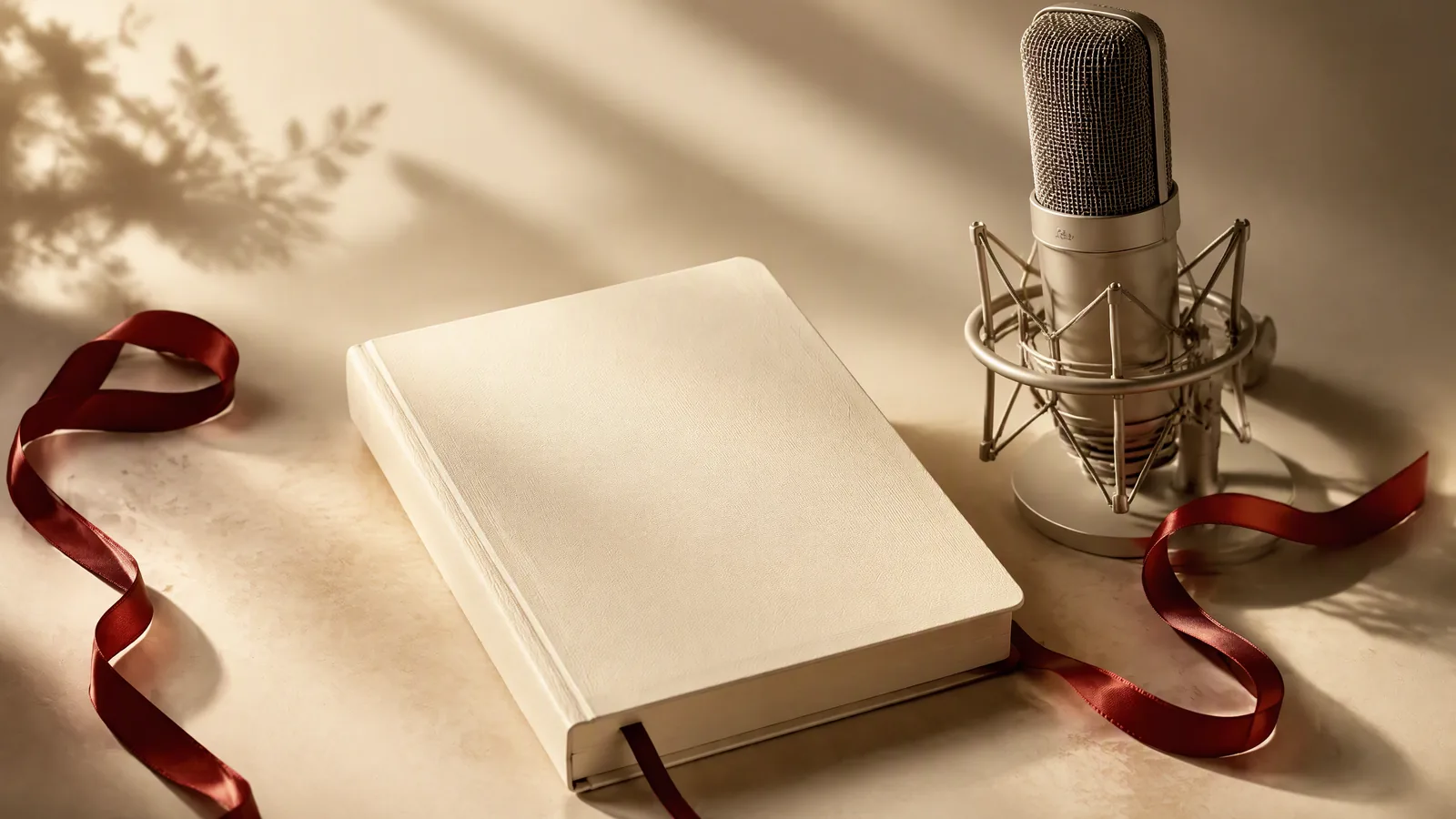 An ivory notebook, studio microphone and crimson ribbon