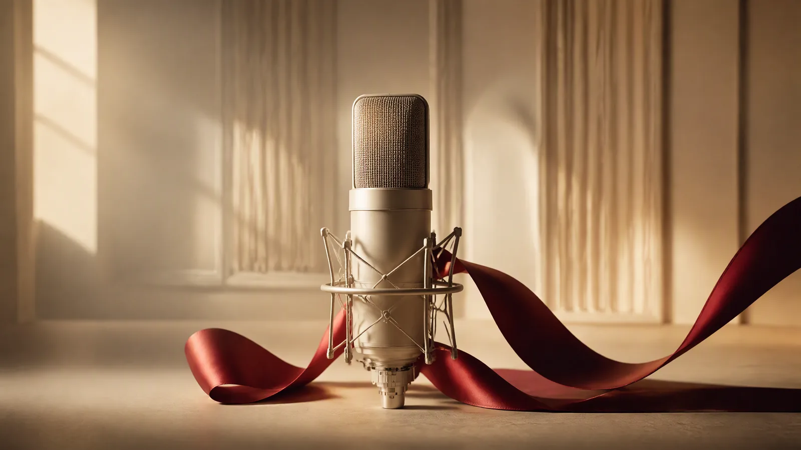 An ivory studio microphone and a crimson sound ribbon