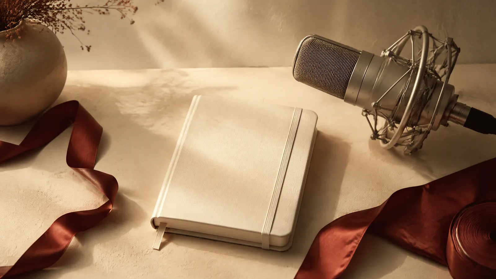 An ivory notebook, studio microphone and crimson ribbon
