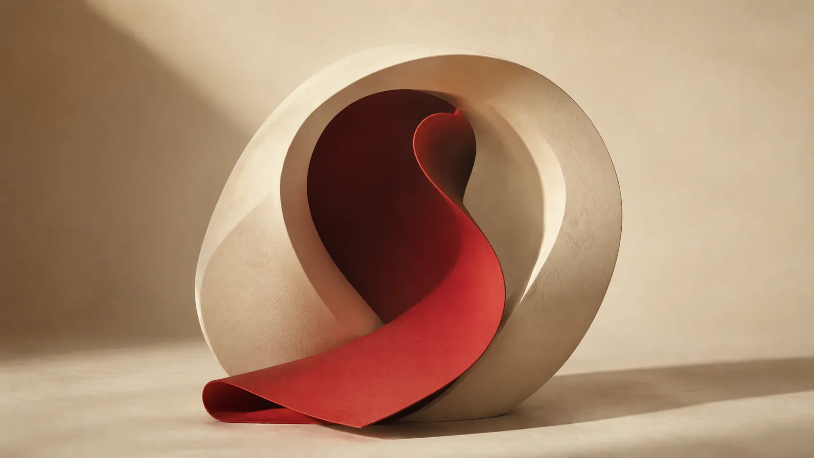 A pale sculptural ring and a curved red strip
