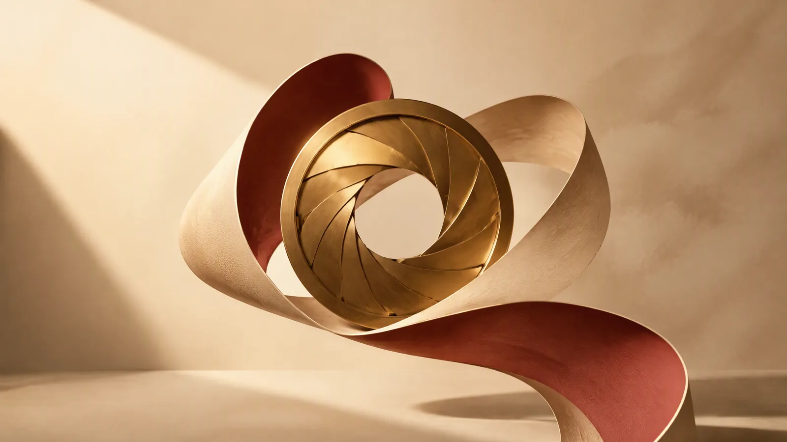A flowing sculptural ribbon and a brass cinema aperture