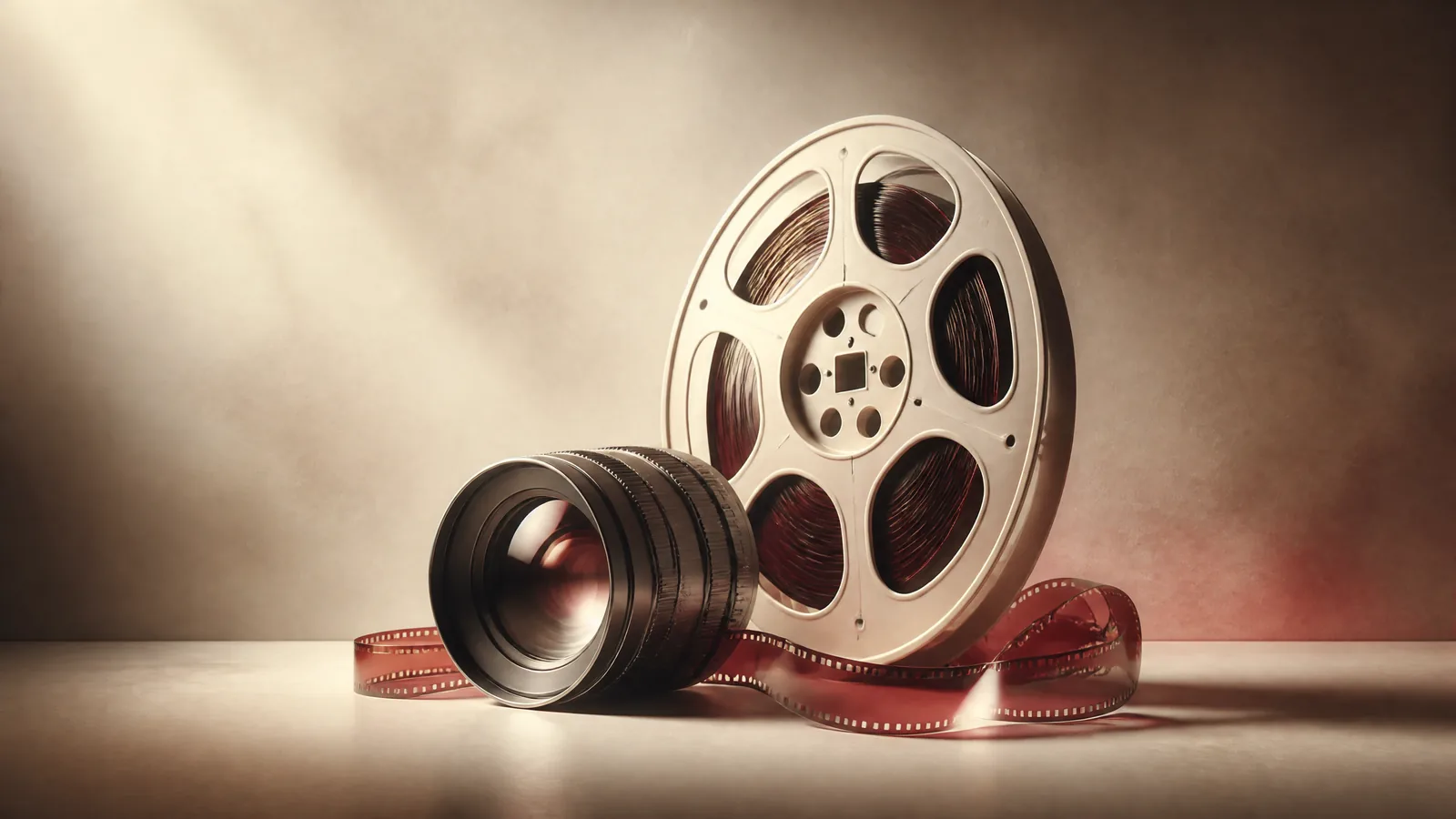 A glass cinema lens beside an ivory film reel