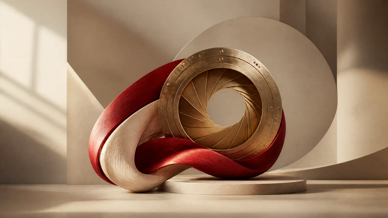A flowing sculptural ribbon and a brass cinema aperture