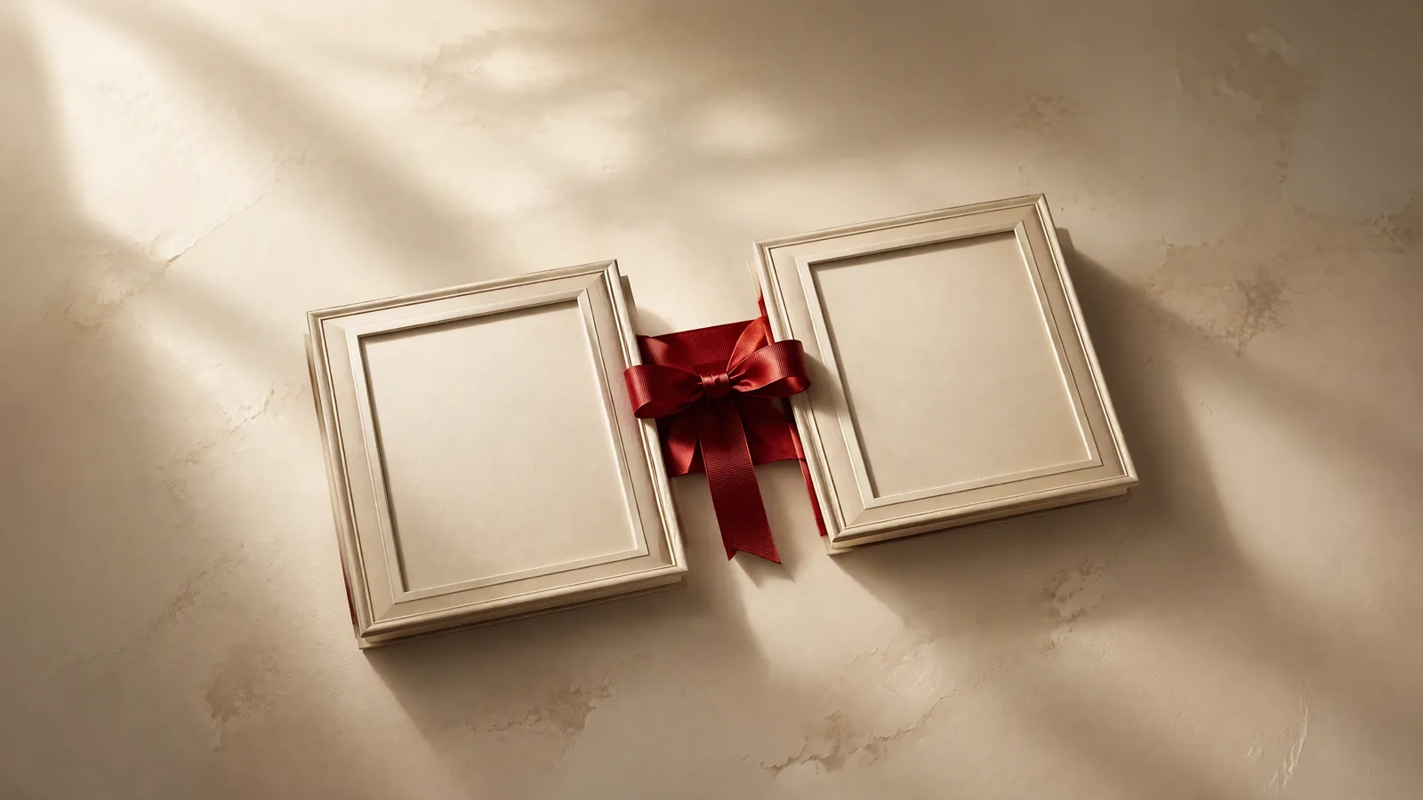 Two ivory storyboard frames joined by a crimson ribbon