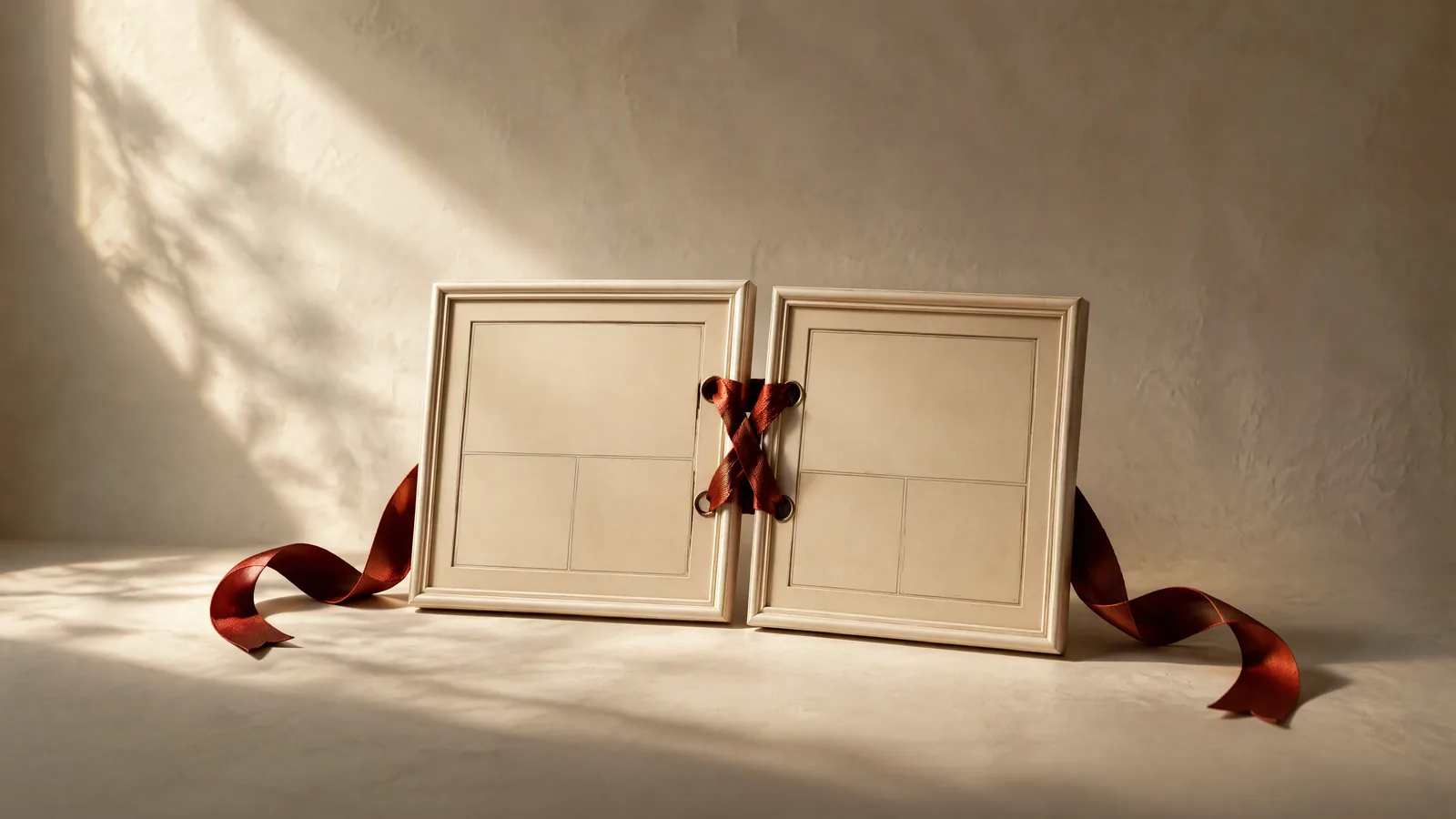 Two ivory storyboard frames joined by a crimson ribbon