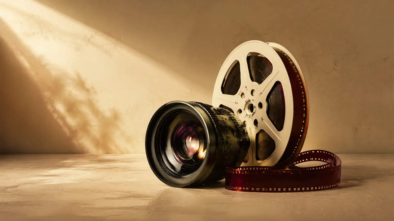 A glass cinema lens beside an ivory film reel