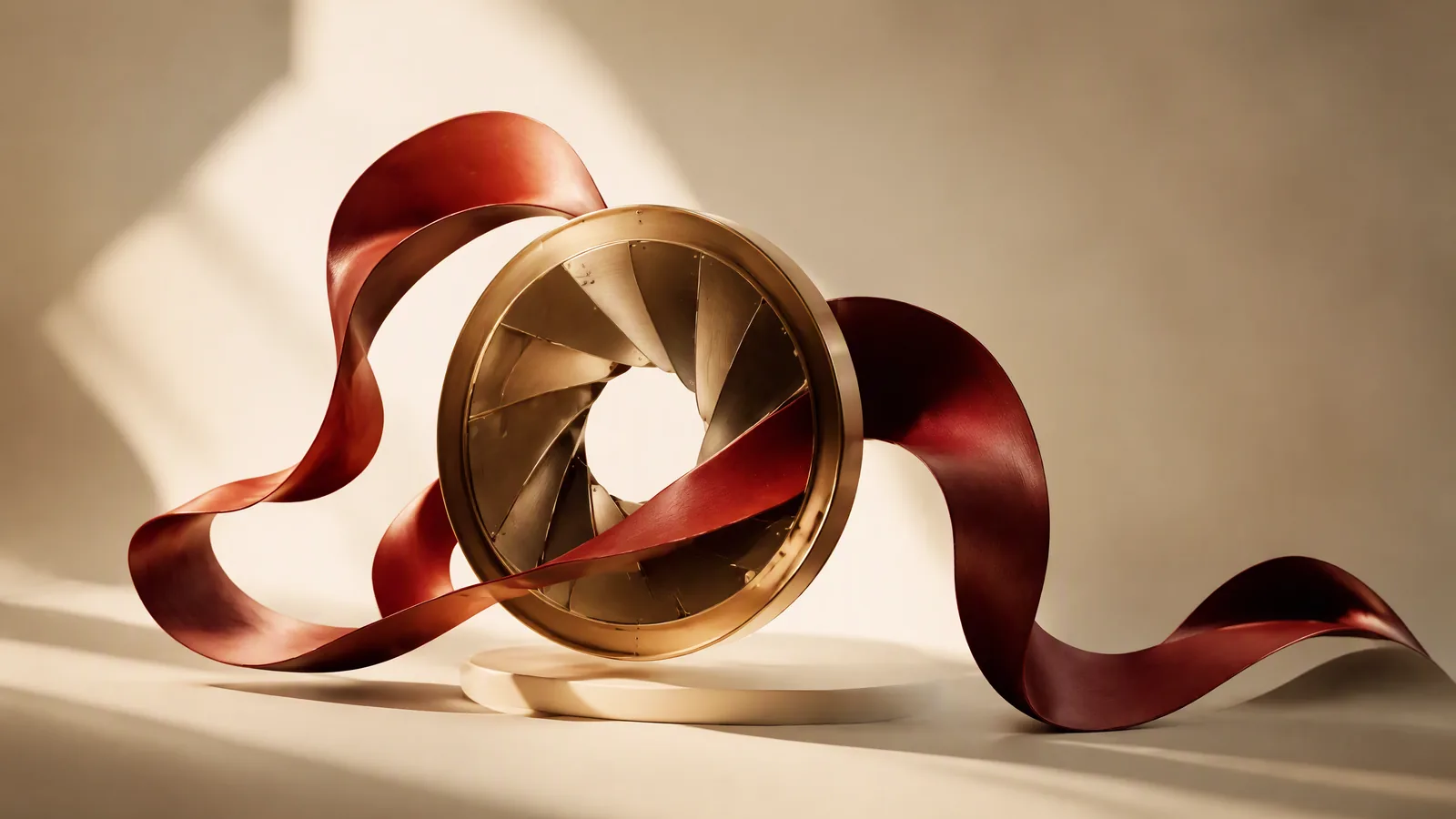 A flowing sculptural ribbon and a brass cinema aperture