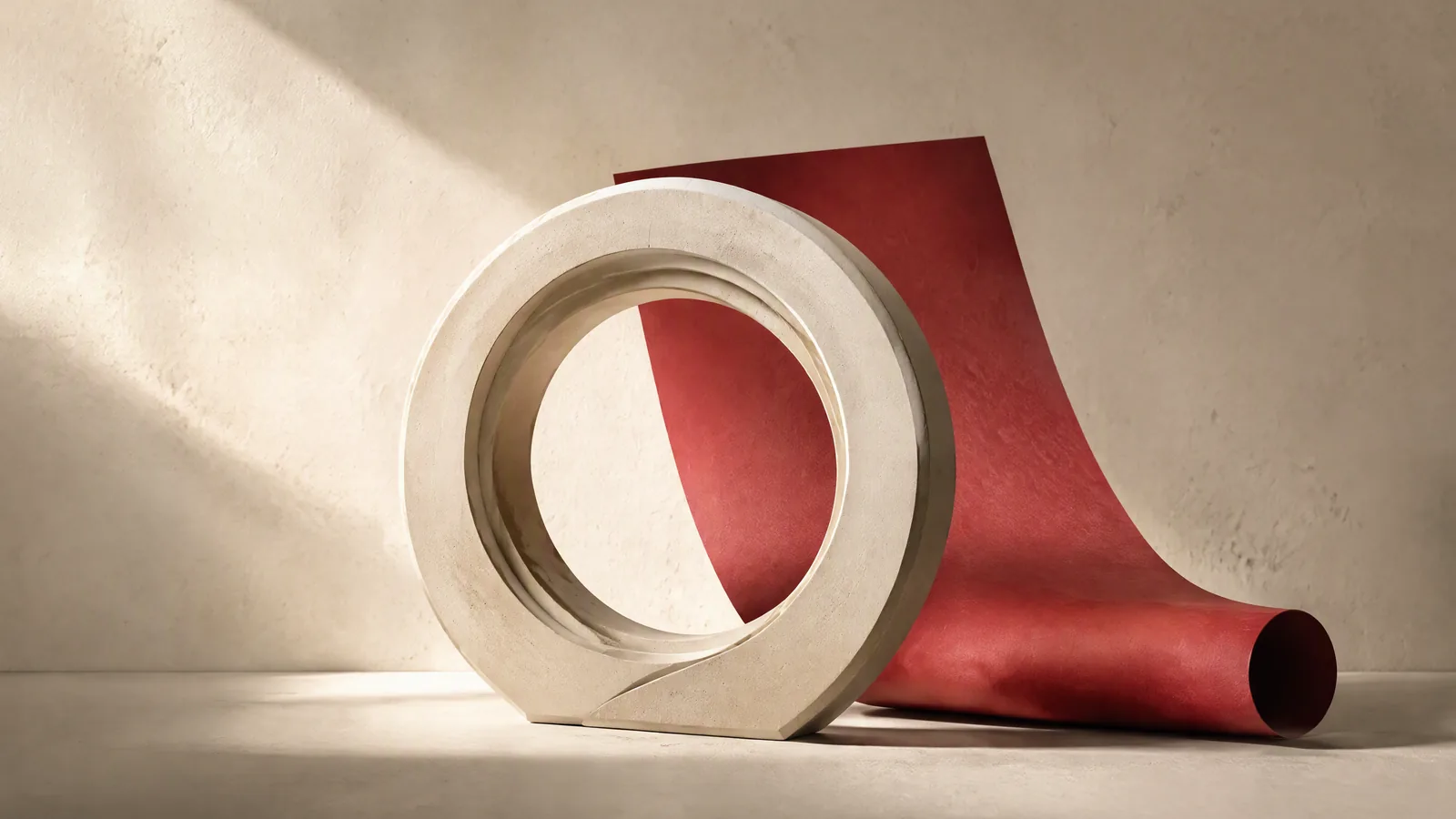 A pale sculptural ring and a curved red strip